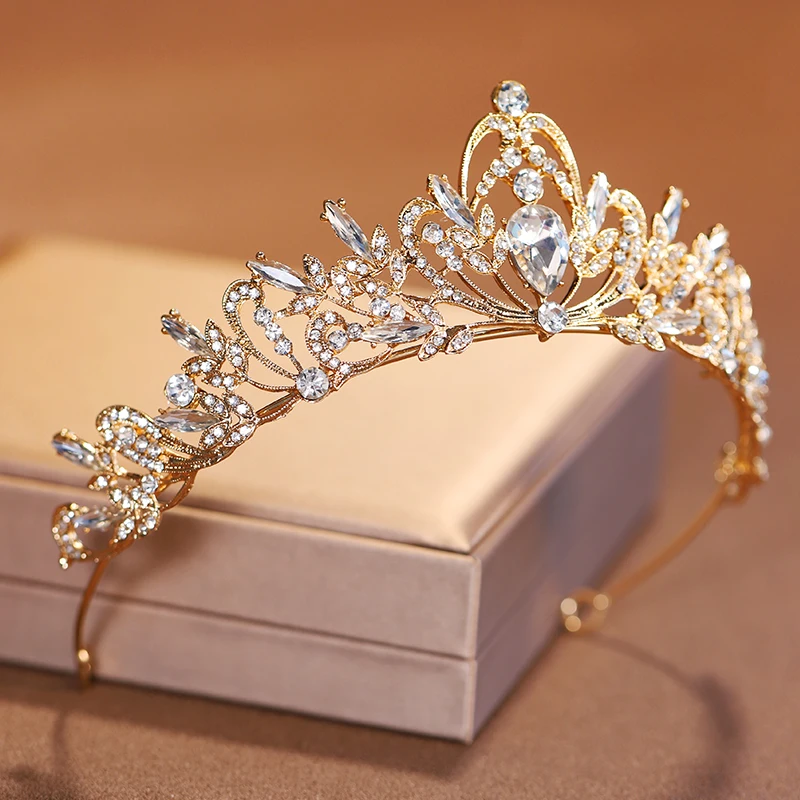 Gold-Colour Bridal Crown Tiara for Weddings and Special Occasions