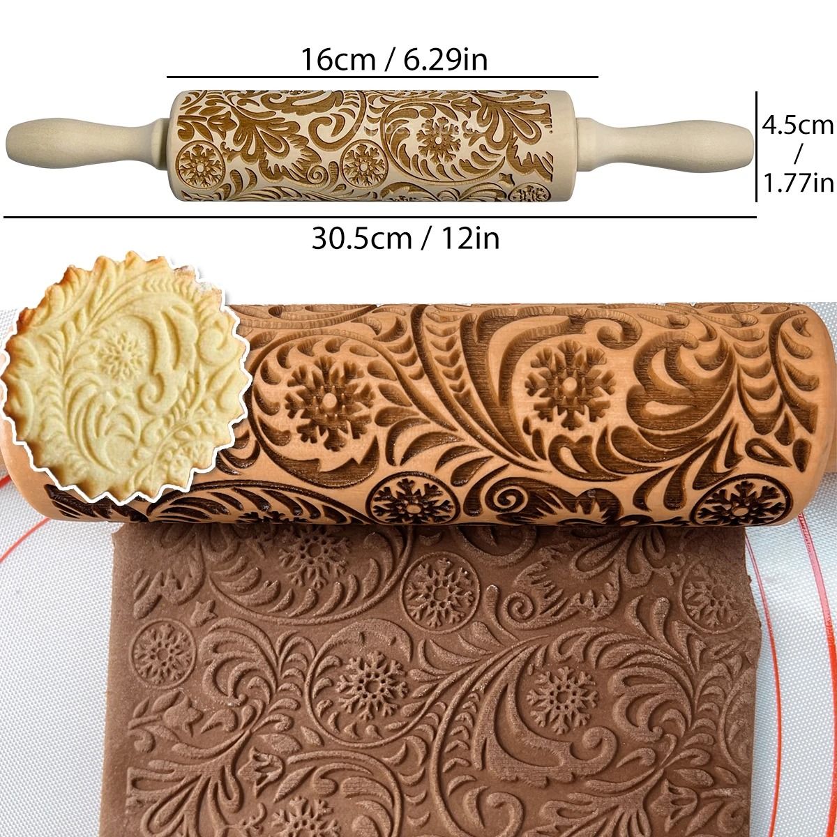 Christmas Wooden Rolling Pin with Reindeer Pattern Embossed Cookie Roller
