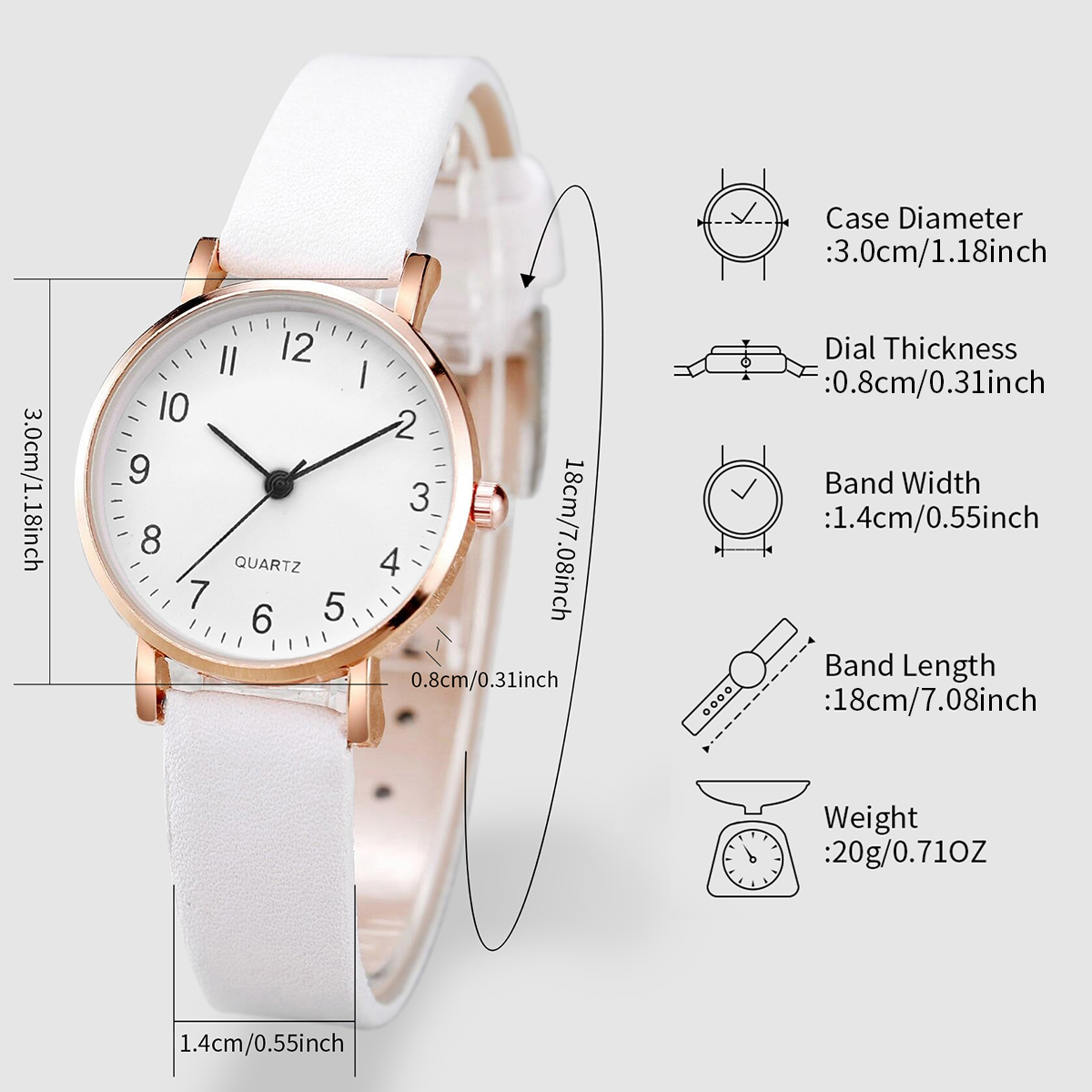 Womens Fashion Quartz Watch with Arabic Dial, Leather Band, and Gold Heart Bracelet Set