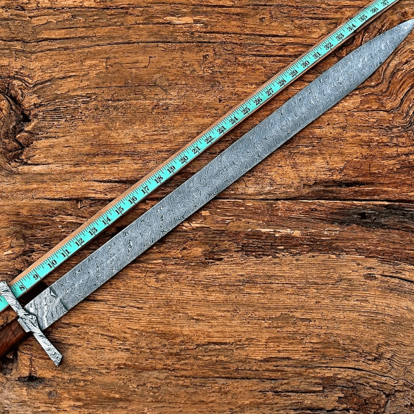 29-Inch Viking Warrior Damascus Steel Sword - Handcrafted Medieval Double Edge with Rosewood Handle