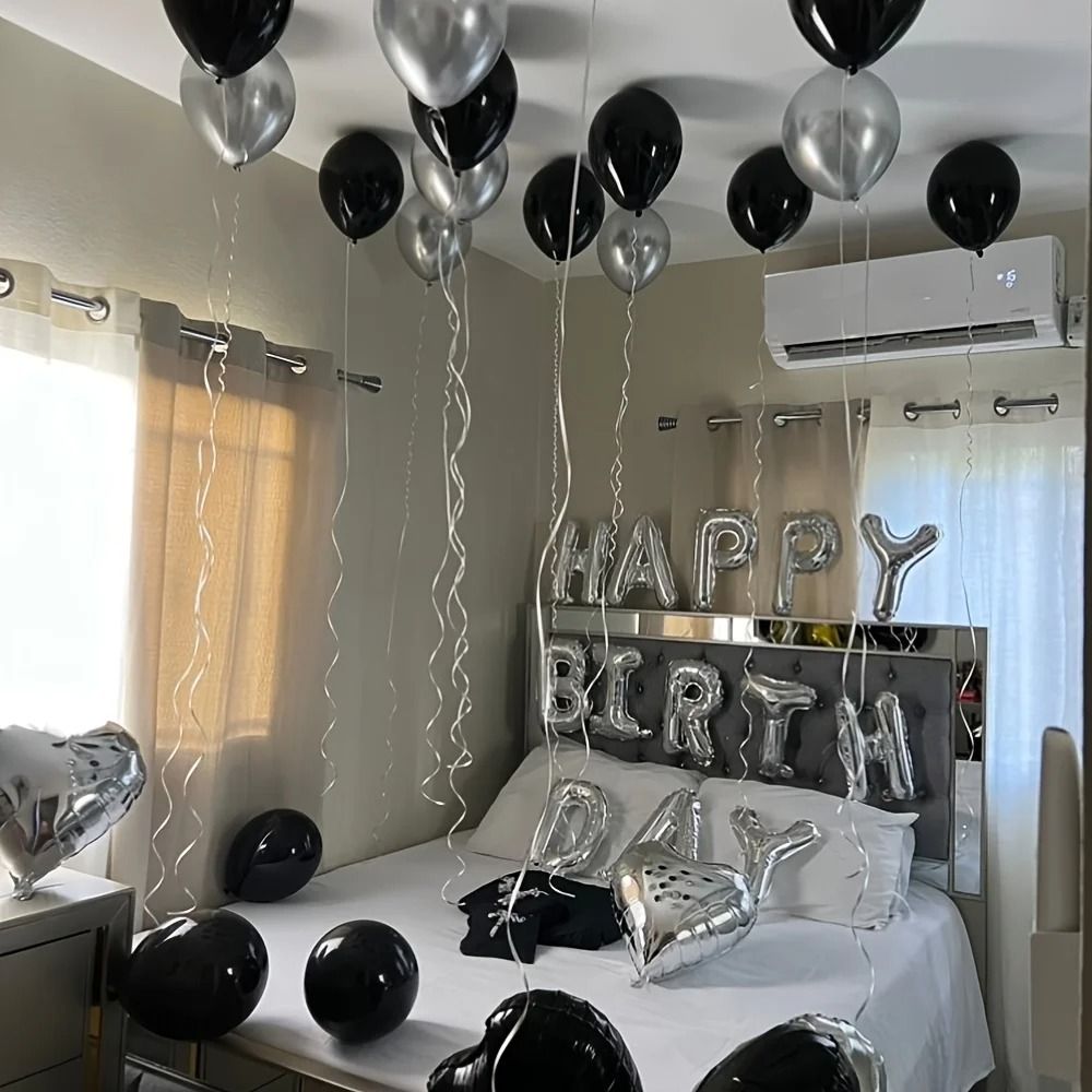 Black & Silver Milestone Set – 16-Inch Alphabet & Heart Foil Balloons