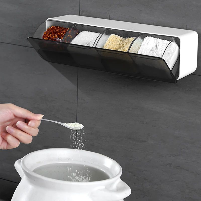 Wall-Mounted Spice Organizer Box with Spoon – No-Drill Seasoning Storage Rack Kitchen Gadget