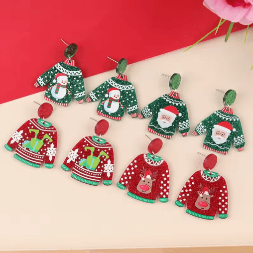 Festive Christmas Sweater Earrings Acrylic Santa and Snowflake Holiday Dangle Earrings
