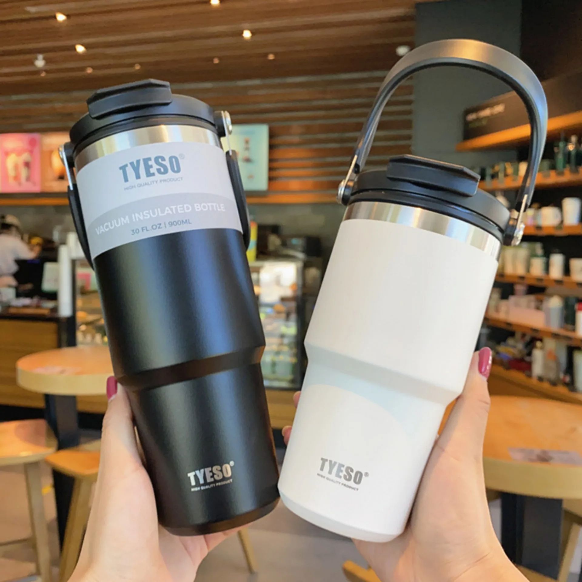 Vacuum Flask Car Water Bottle, 304 Stainless Steel Coffee Cup with Leak-Proof Lid, Handle & Non-Slip Base