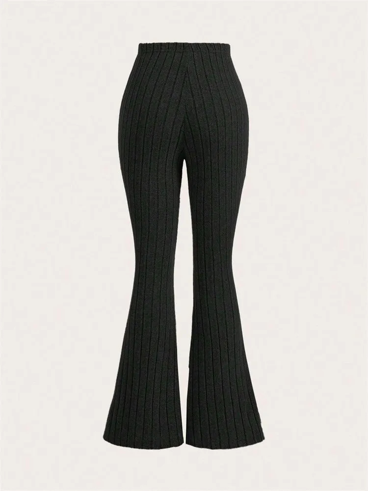 High Waist Ribbed Flared Leggings, Women's Solid Color, Slim Fit, Casual Workout Fitness, for Spring Autumn Winter