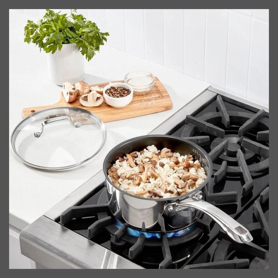 Ceramic Stainless Steel Sauce Pan Set, Silver Cover, Nonstick, Dishwasher Safe, Induction Compatible