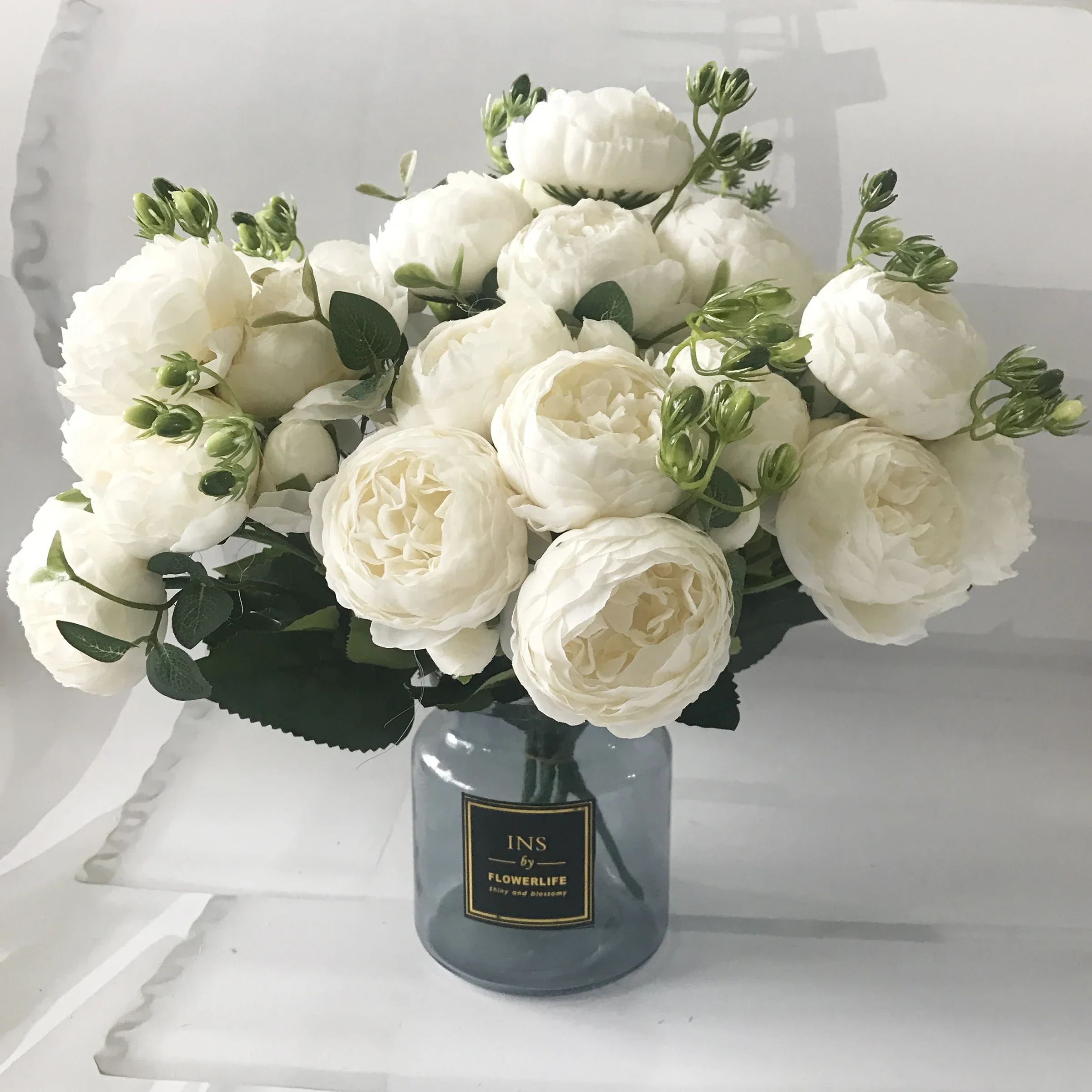 Rose Silk Peony Artificial Flower Bouquet Large Heads & Buds Elegant Fake Flowers for Home & Wedding Decor