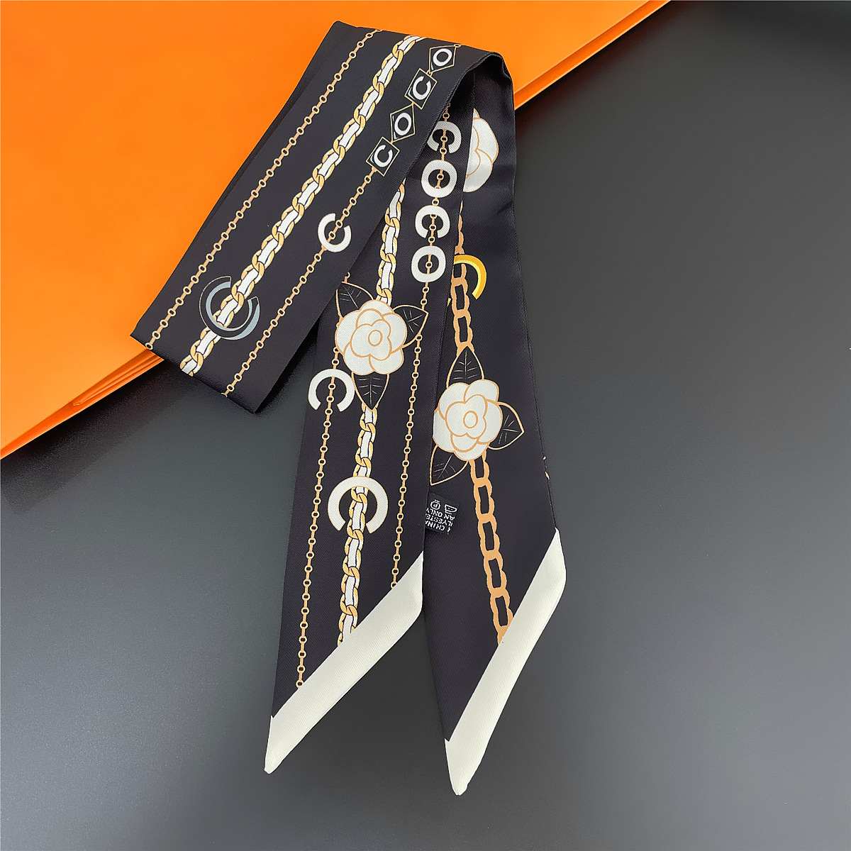 Women's Double-sided Twill Thin Ribbon Headband, French Elegant Black and White Tied Handle Bag, Long Small Silk Scarf