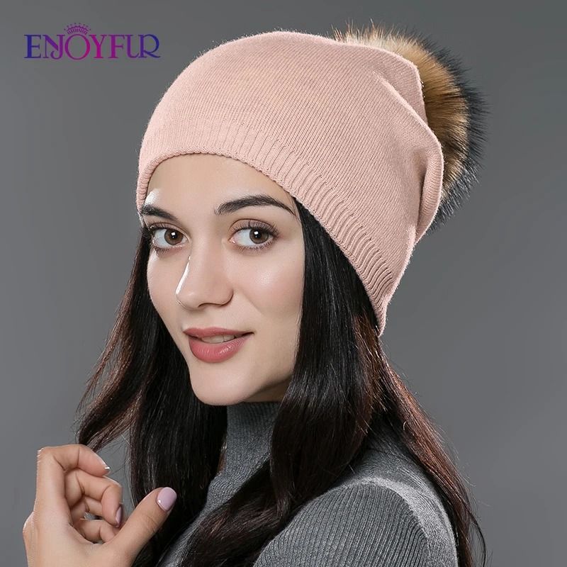 Wool Knit Beanie with Real Fur Pom Pom
