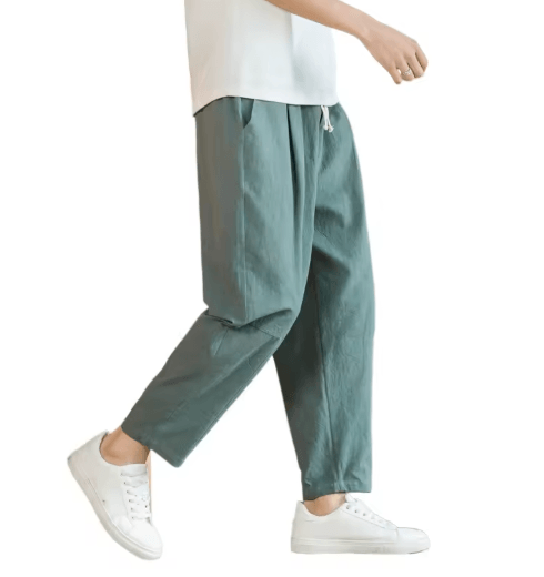 Mens Cotton Linen Casual Pants Breathable Loose Straight Leg Drawstring Streetwear Trousers