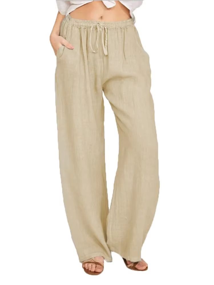 Womens Cotton Linen Wide Leg Pants – Casual Loose Trousers with Elastic Waist & Pockets
