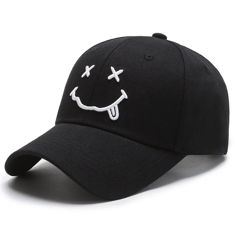 Black Cotton Adjustable Snapback, Women Smile Face Embroidery Baseball Caps, Funny Hip Hop Cap Autumn Dad Hats