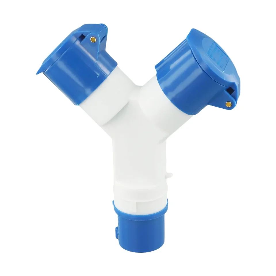 220V Industrial 2-Way Power Splitter Plug, IP44 Waterproof 3-Pin Field Plug to Dual Socket Adapter 16A/32A