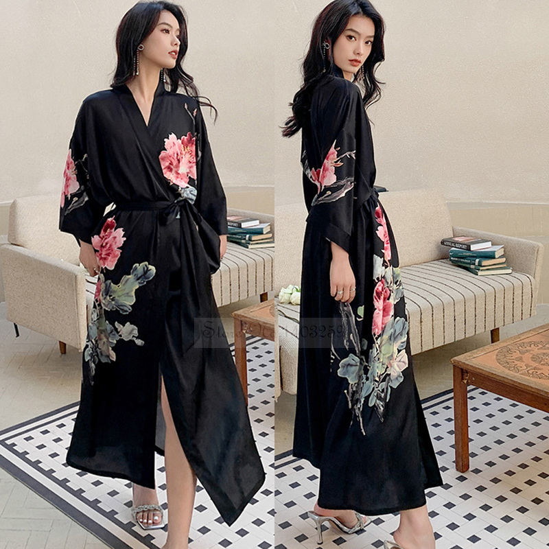 Sexy Print Flower Kimono Bathrobe Gown, New Spring Summer Female Long Robe Nightgown, Casual Silk Satin Home Dress Loung