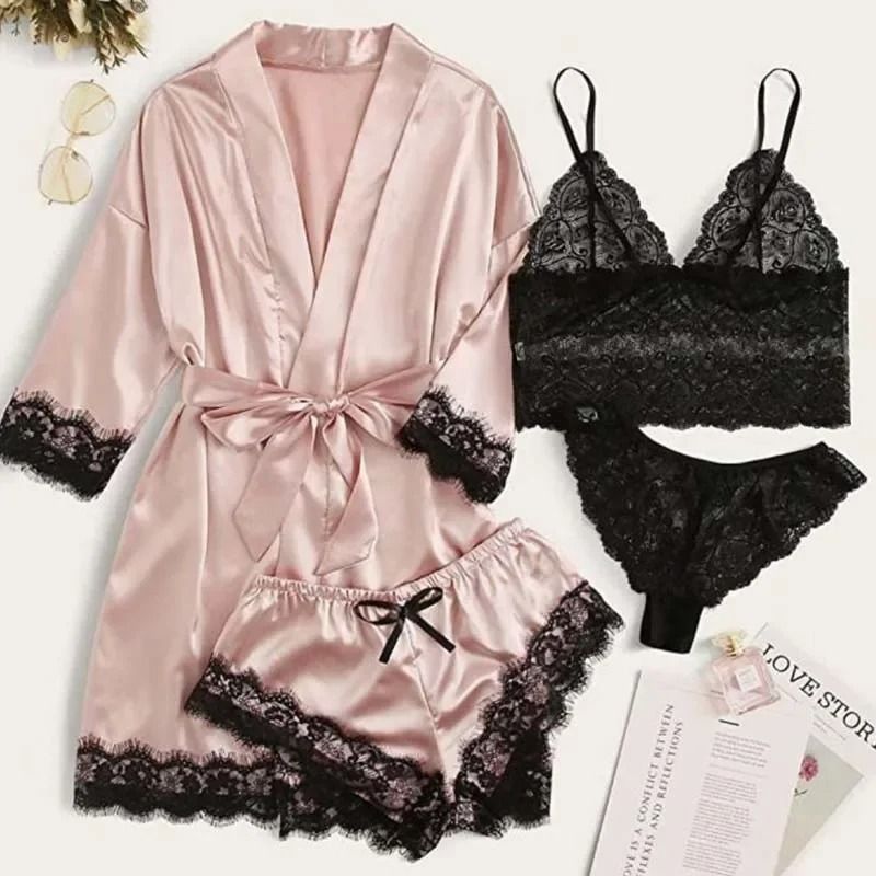 Womens Satin Sleepwear Four Piece Pajama Set with Robe Lace Nightwear