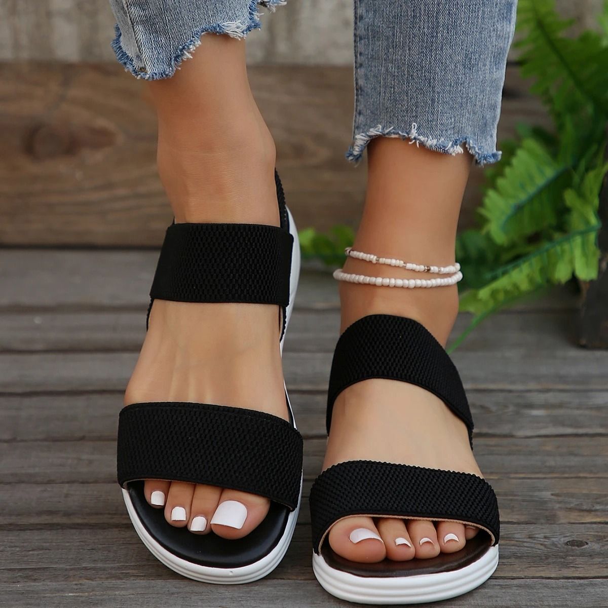 Women Knit Elastic Cloth Wedge Sandals Slip On Lightweight Walking Sandals