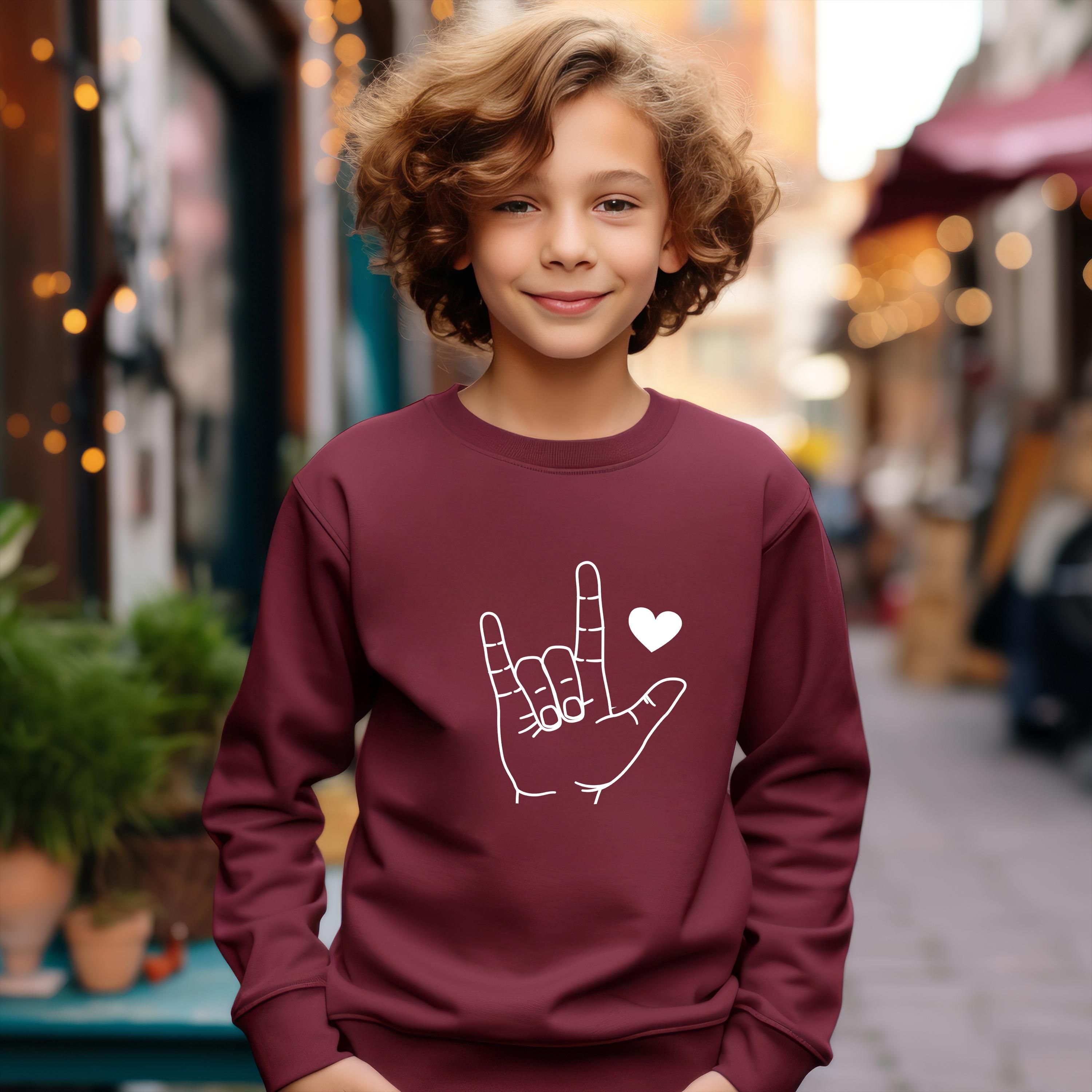 Boys Valentines Day Sweatshirt | Sign Language Rock and Love Kids Crewneck Gift Outfit