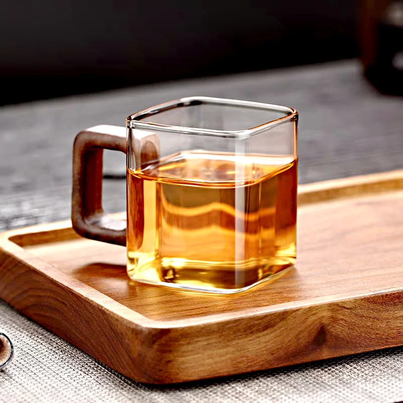 Fresh Ground Coffee Glass Mug with Walnut Wooden Handle, Small Capacity Home Breakfast Milk Tea Cups and Mugs Drinkware