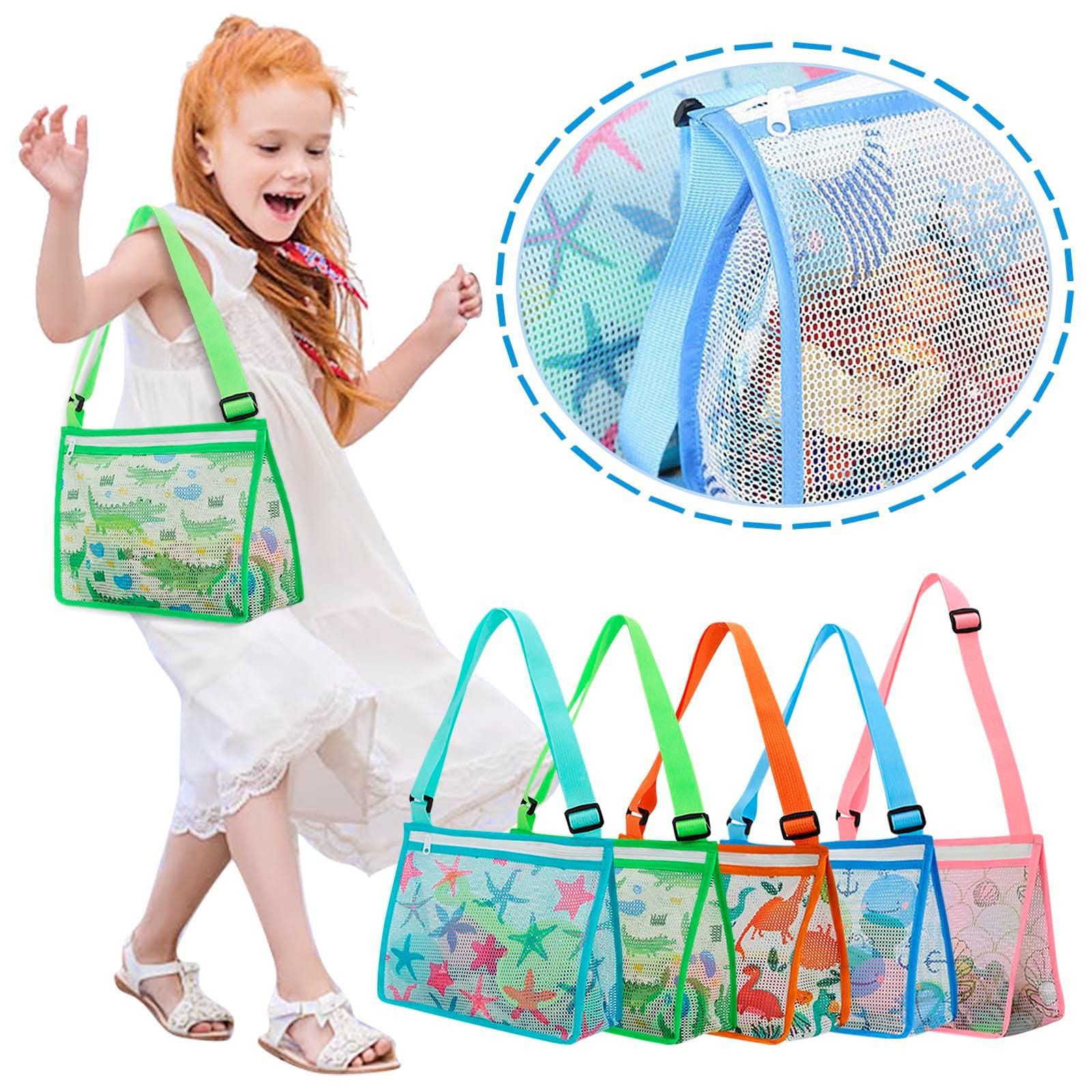 Kids Mesh Beach Bag for Shell Collecting Colorful Lightweight Beach Toy Storage Bag