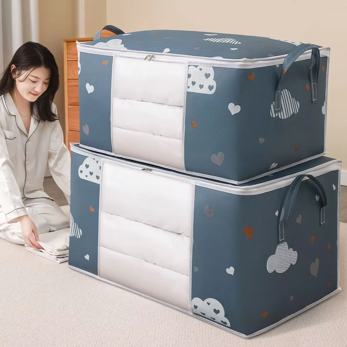 Large Capacity Foldable Clothes and Blanket Storage Bag Organizer With Reinforced Handles