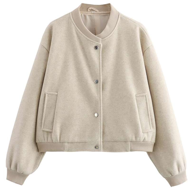 Autumn Crop Womens Bomber Jacket Soft Tweed Outerwear Black Grey Khaki Beige Darkgrey Long Sleeve O Neck Coat