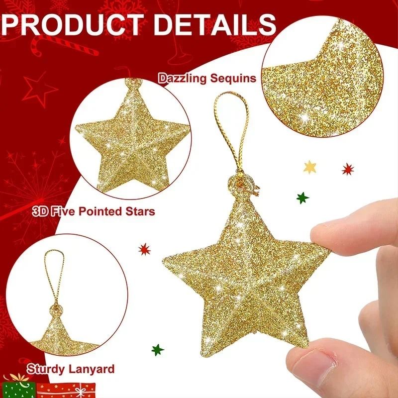 Gold Glitter Star Ornament Set | Premium Christmas Tree Pendant & Festive 2025 Holiday Decoration Infrastructure