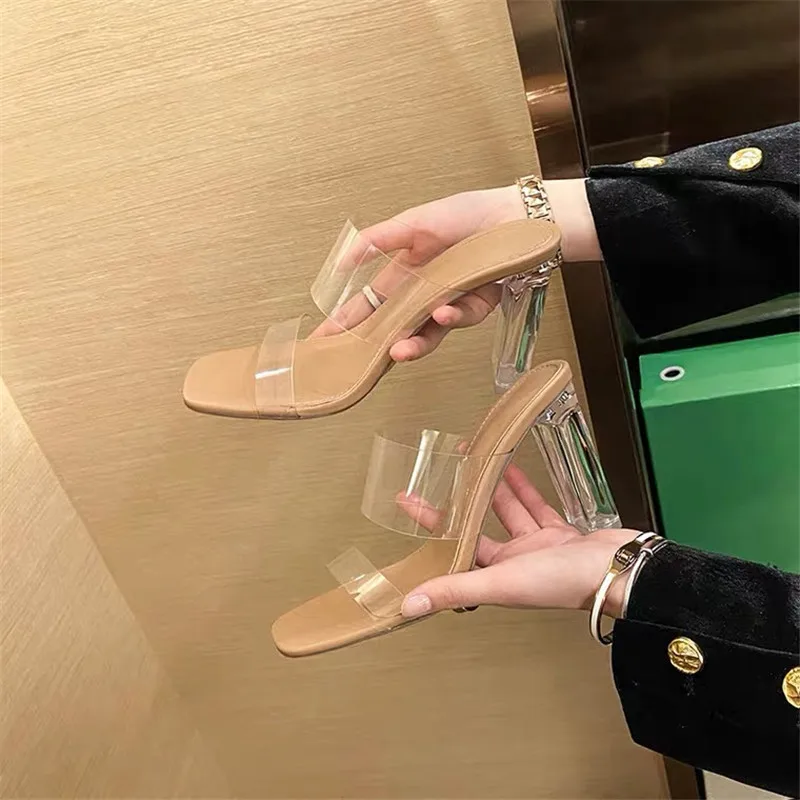 Summer Women Pumps Sandals, Open Toe PVC Jelly Slippers, Transparent Perspex High Heels, Clear Sandals for Women
