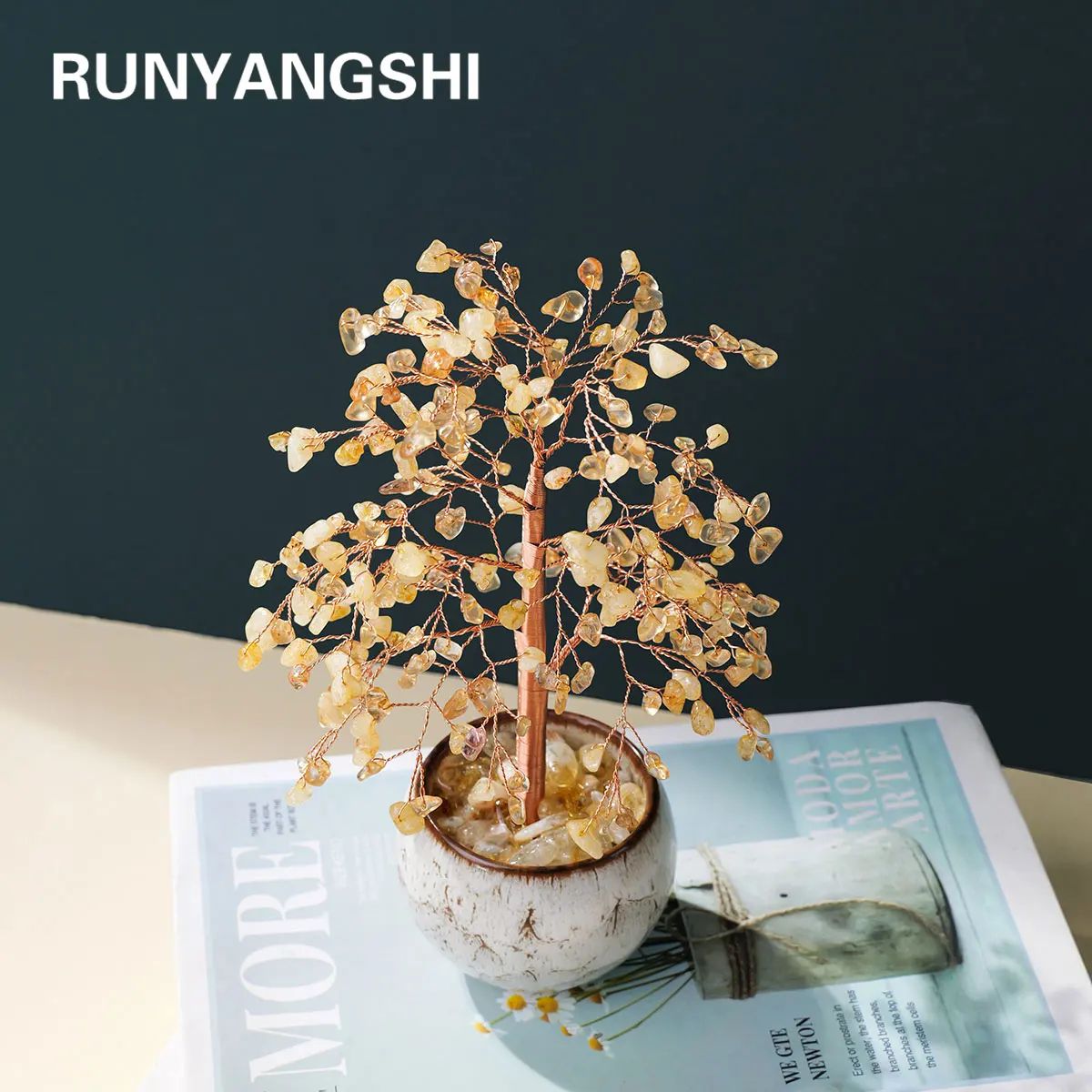 Natural Citrine Crystal Money Tree – Feng Shui Energy Decor with Copper Wire Base