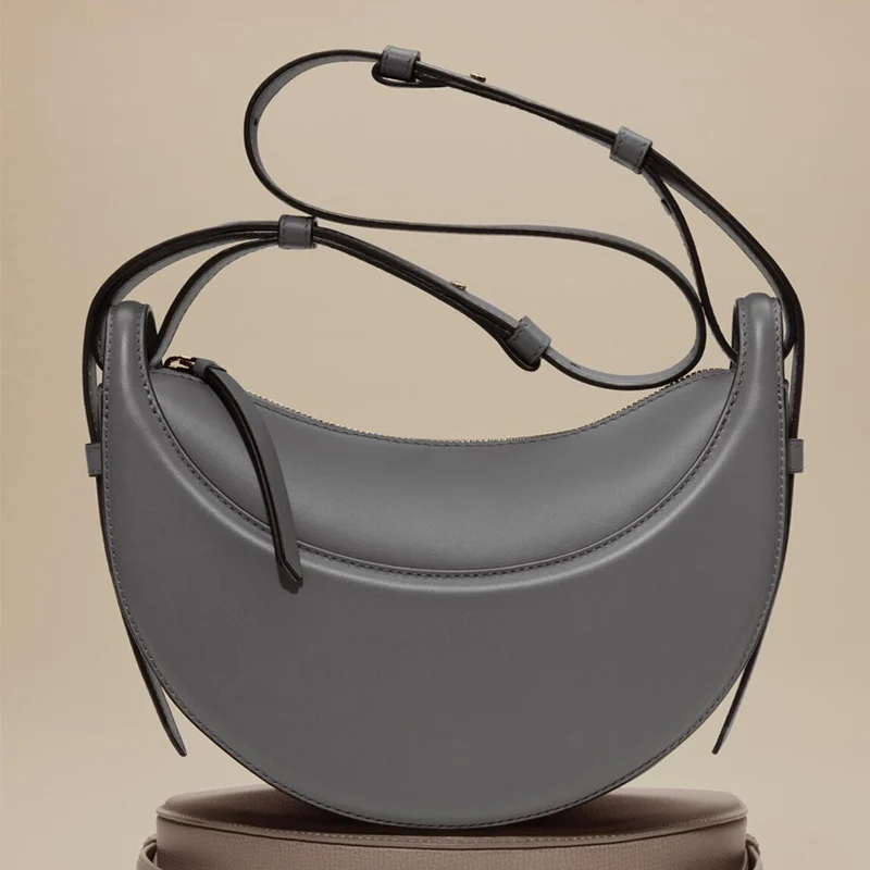 Crescent Shoulder Bag, Fashion Genuine Leather Women's Crossbody Bag with Zipper Closure