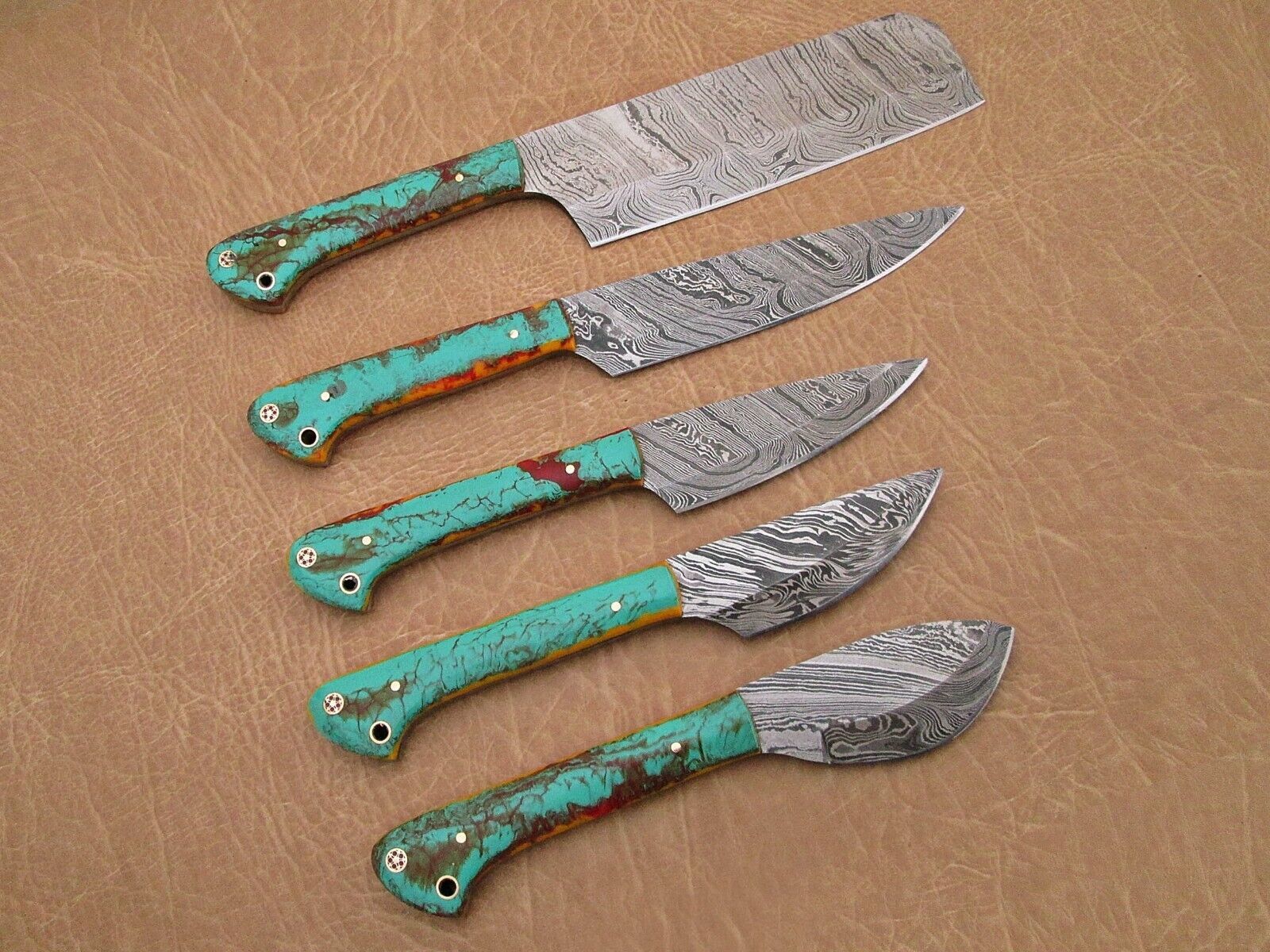 Forged Damascus Steel Chef Knives | Custom Handmade 5pcs Kitchen Set