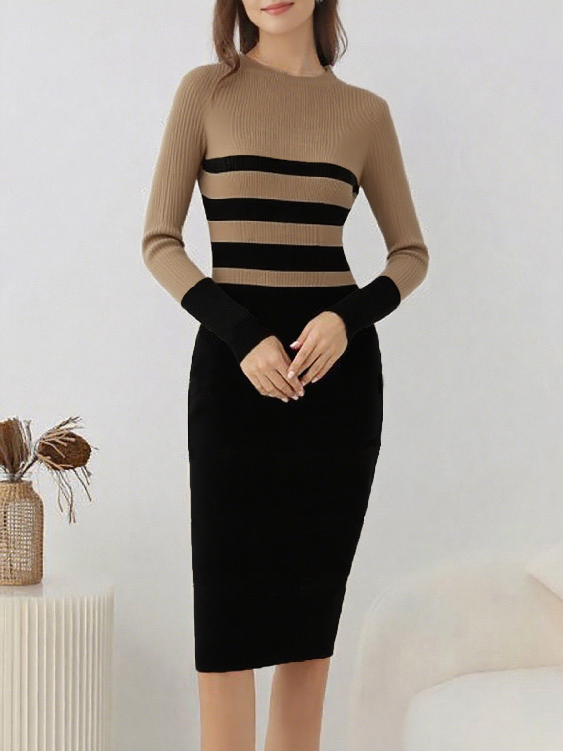 Striped Bodycon Dress Fall Holiday Vestido, Long Sleeve Knit Office Lady Elegant Dress