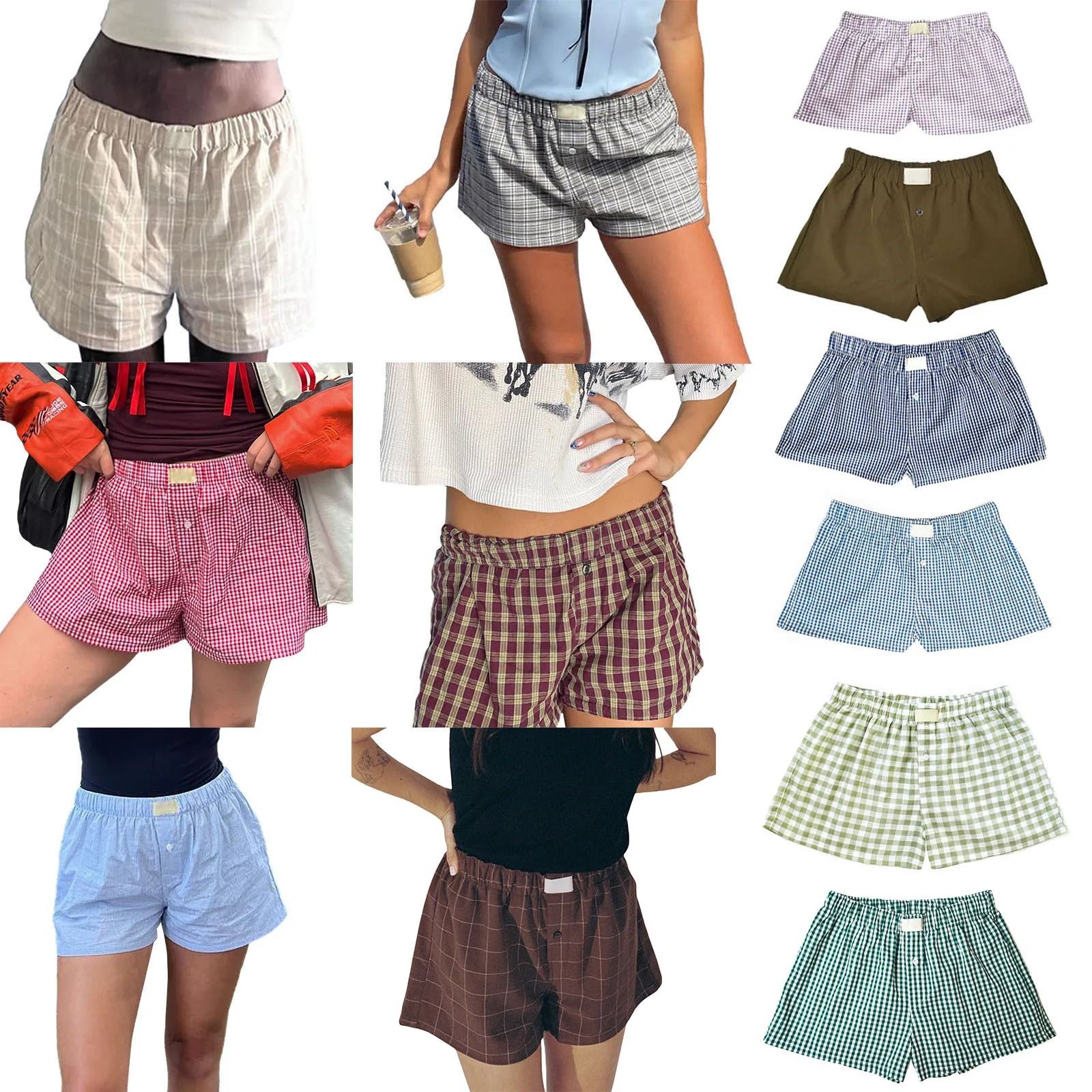 Womens Y2K Retro Plaid Elastic Low Waist Button Front Lounge Shorts