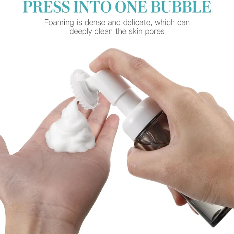 Facial Cleanser Soap Foaming Bottle, Plastic Mousse Pump Dispenser with Silicone Brush Head, Refillable Shampoo Bottle