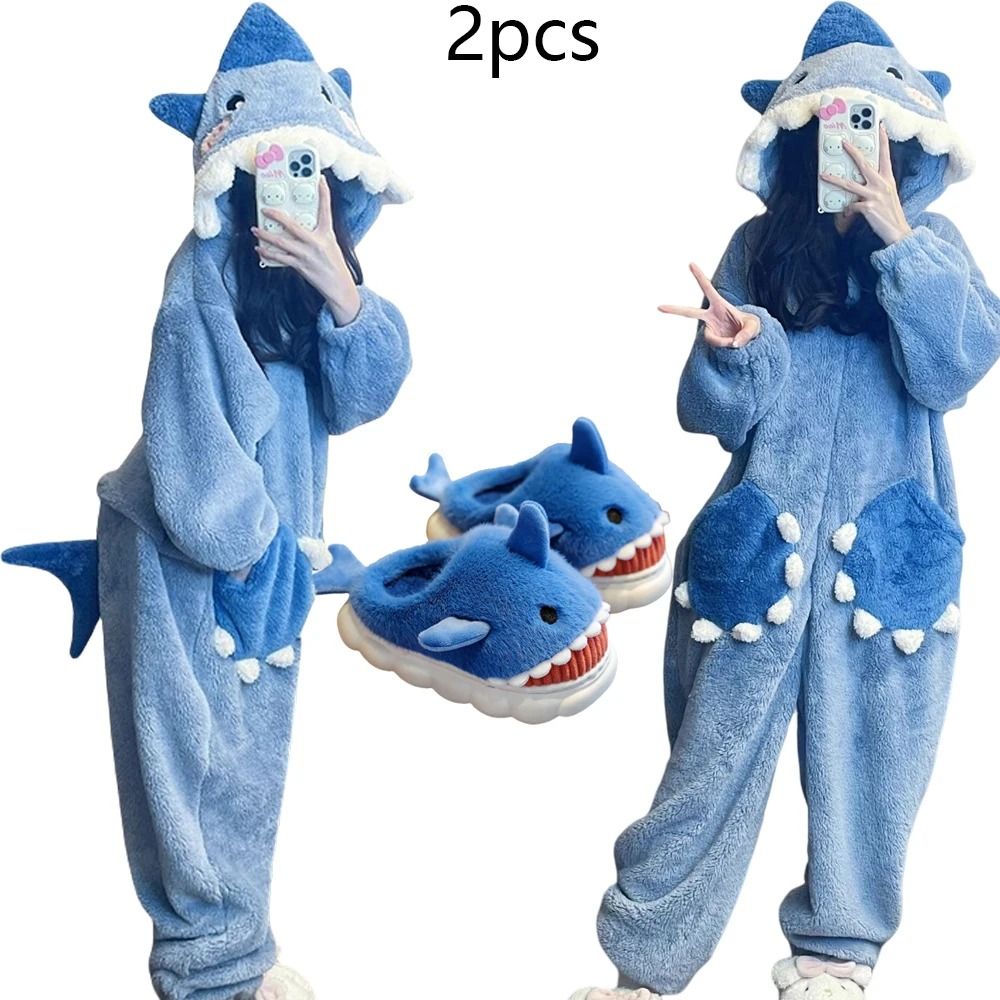 Womens Cartoon Shark Kigurumi Pajamas Hooded Animal Onesie Sleepwear Winter Cosplay Jumpsuit