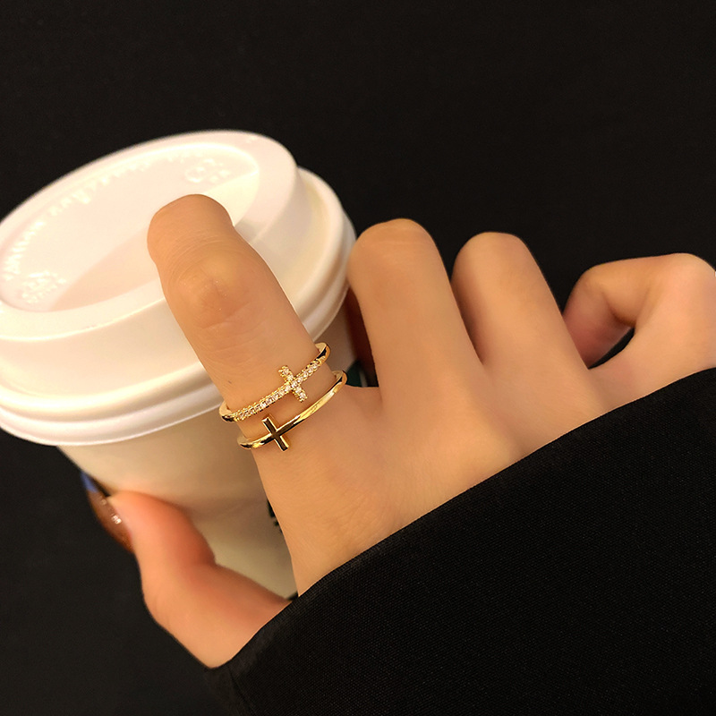 LATS Silver Double Cross Flashing Zircon Open Ring - Trendy 2022 Fashion Jewelry for Women Students