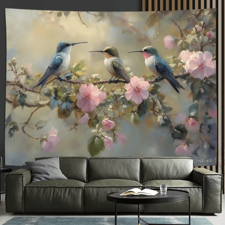 Vibrant Hummingbird Floral Wall Tapestry – Elegant Feathered Nature Art for Home Decor