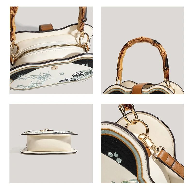 Chinese Style Panda Head Crossbody Bag with Bamboo Joint Handle