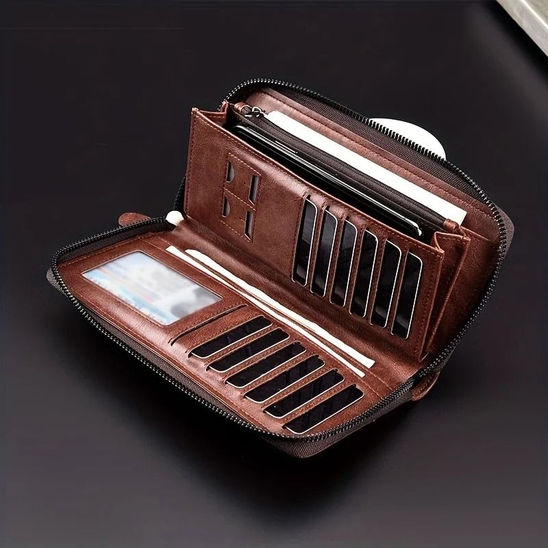 Mens Long Zipper Wallet with RFID Blocking and PU Leather Design