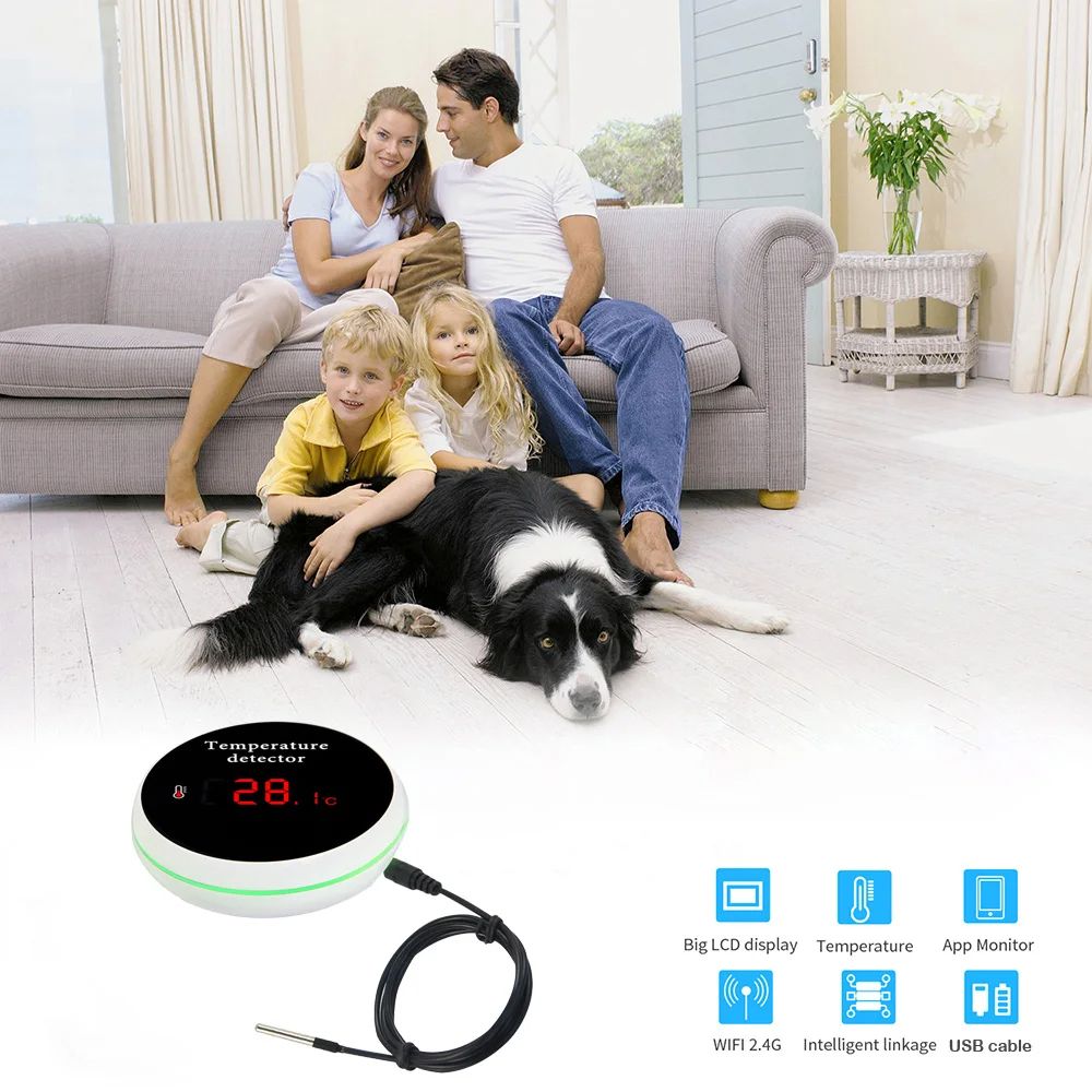 Smart WiFi Thermometer, Tuya-Compatible with External Probe, USB Charging, App Notifications, and Alexa/Google Assistant