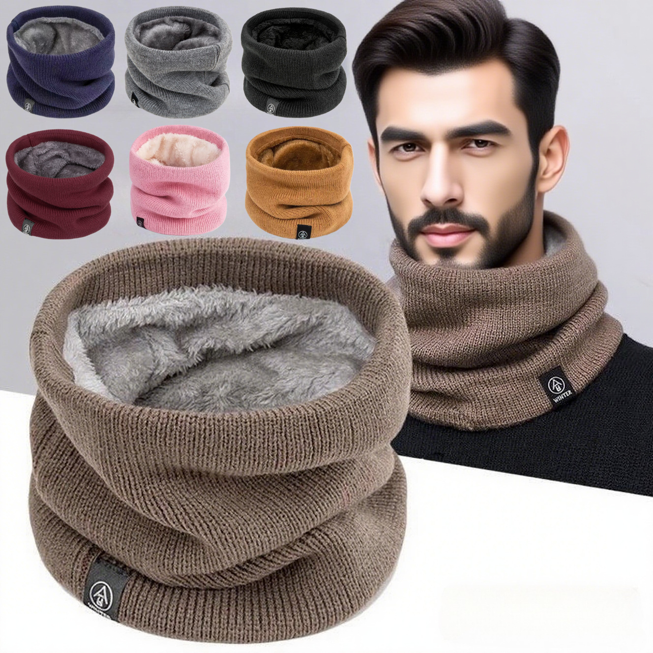 Men Plush Neck Scarf, Winter Warm Knitted Full Mask, Solid Color Cashmere Scarves