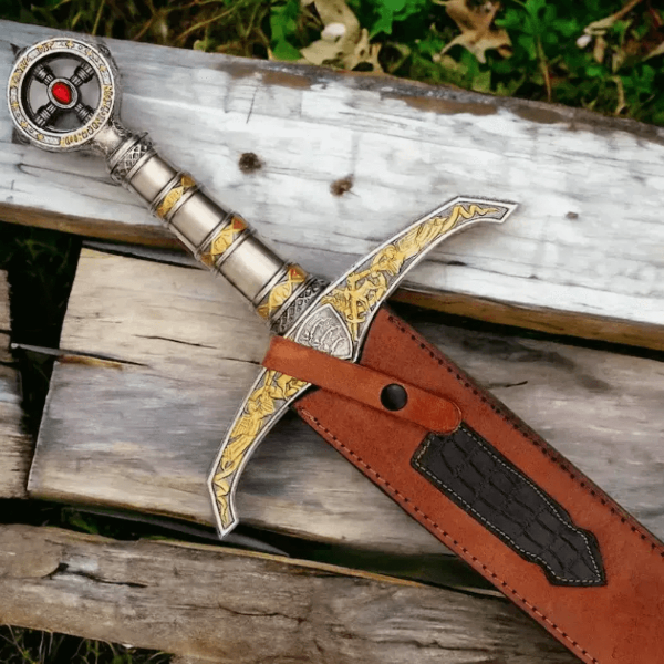 38-Inch Full Tang Damascus Steel Sword - Double-Edged Templar Knight Blade with Sheath