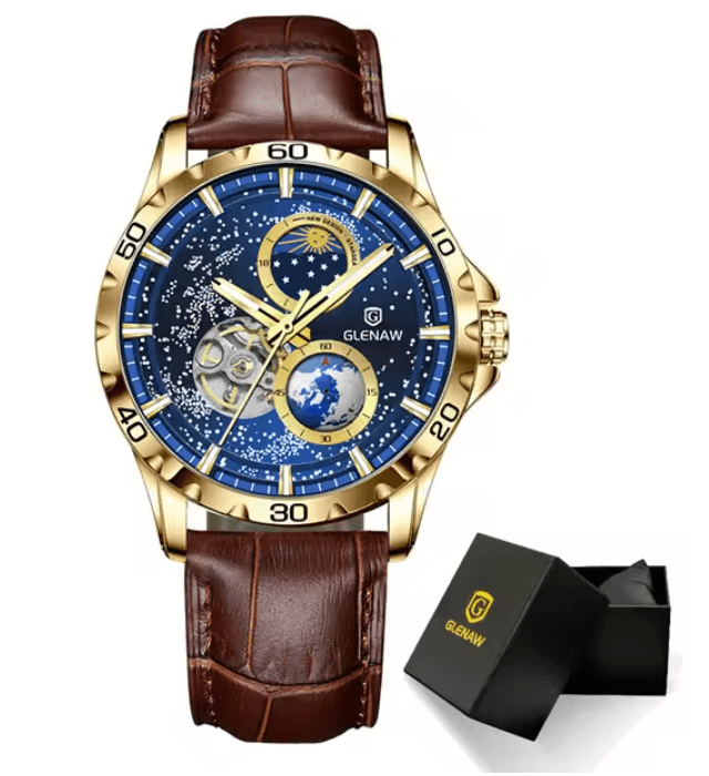 GLENAW Automatic Mechanical Watch with Rotating Earth Dial and Leather Strap