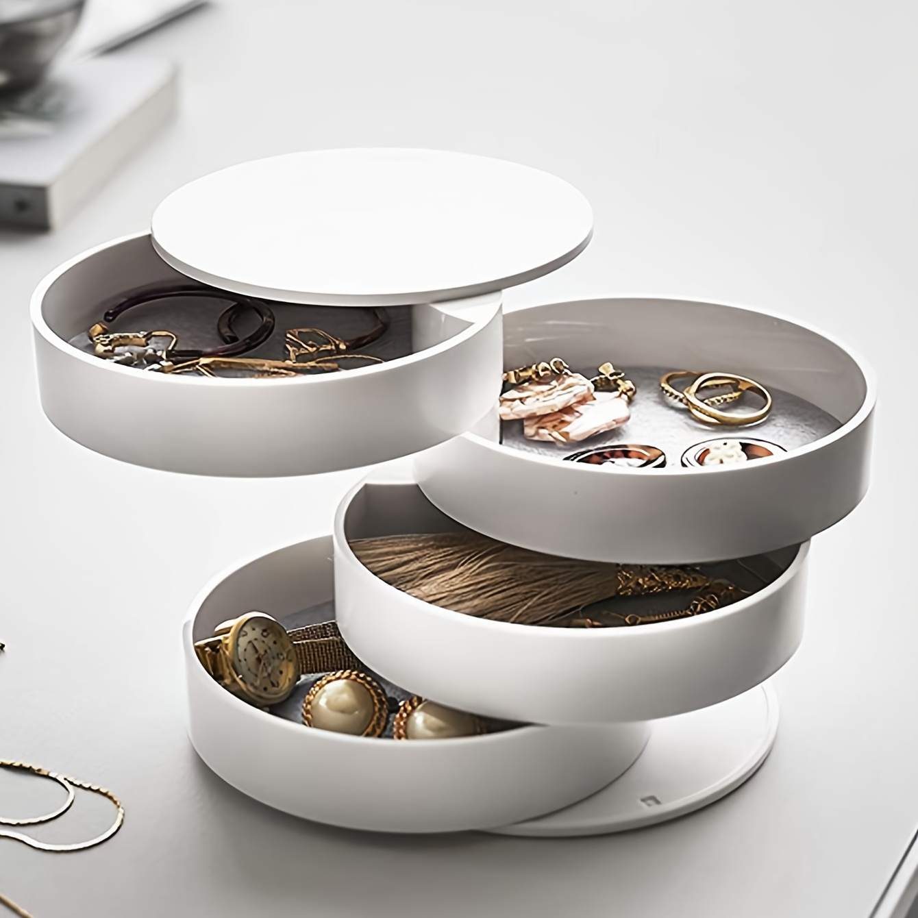 Multi-layer Rotating Desktop Storage Box, Makeup Jewelry Organizer, Dustproof Jewelry Storage Box with Lid