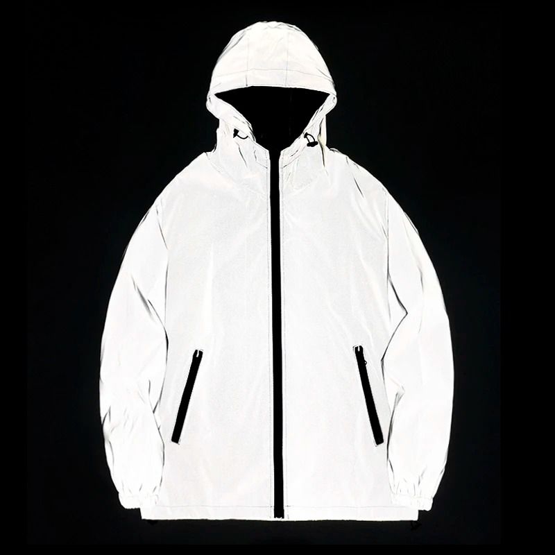 Night Reflective Jackets Double Fabric Windbreaker Hooded Jacket Men Hip Hop Dancer Waterproof Zipper Coats Outwear