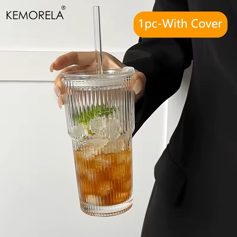 600ML Stripe Glass Coffee Cup with Lid and Straw