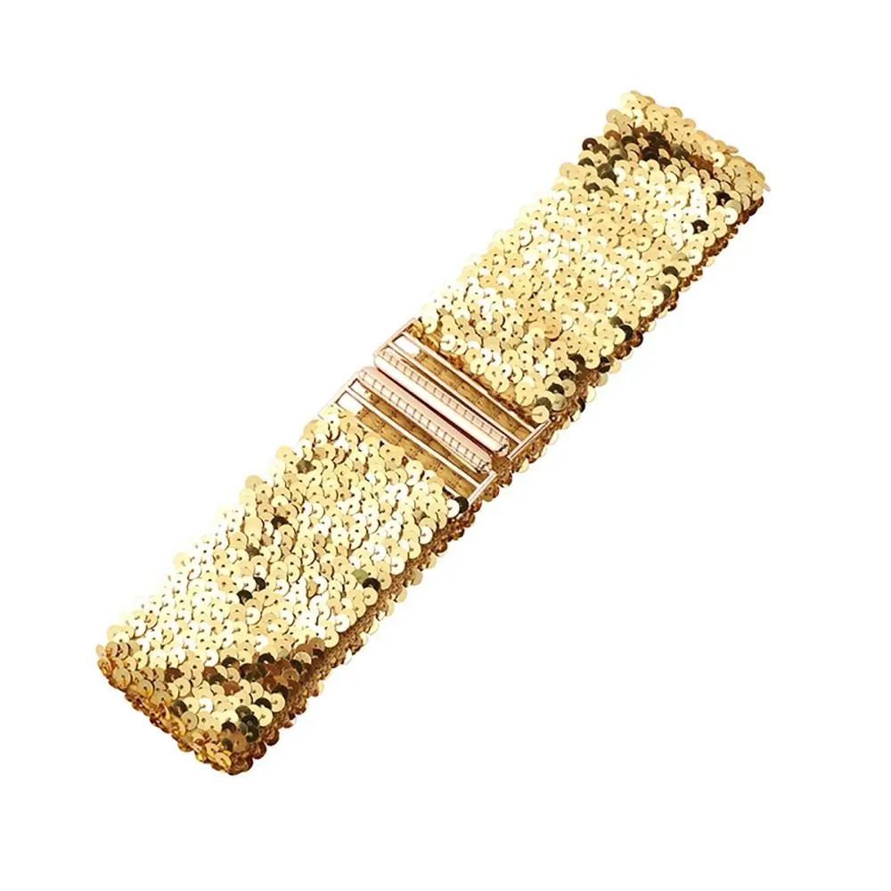 GlamCurve Wide Sequin Elastic Waist Belt with Gold Buckle