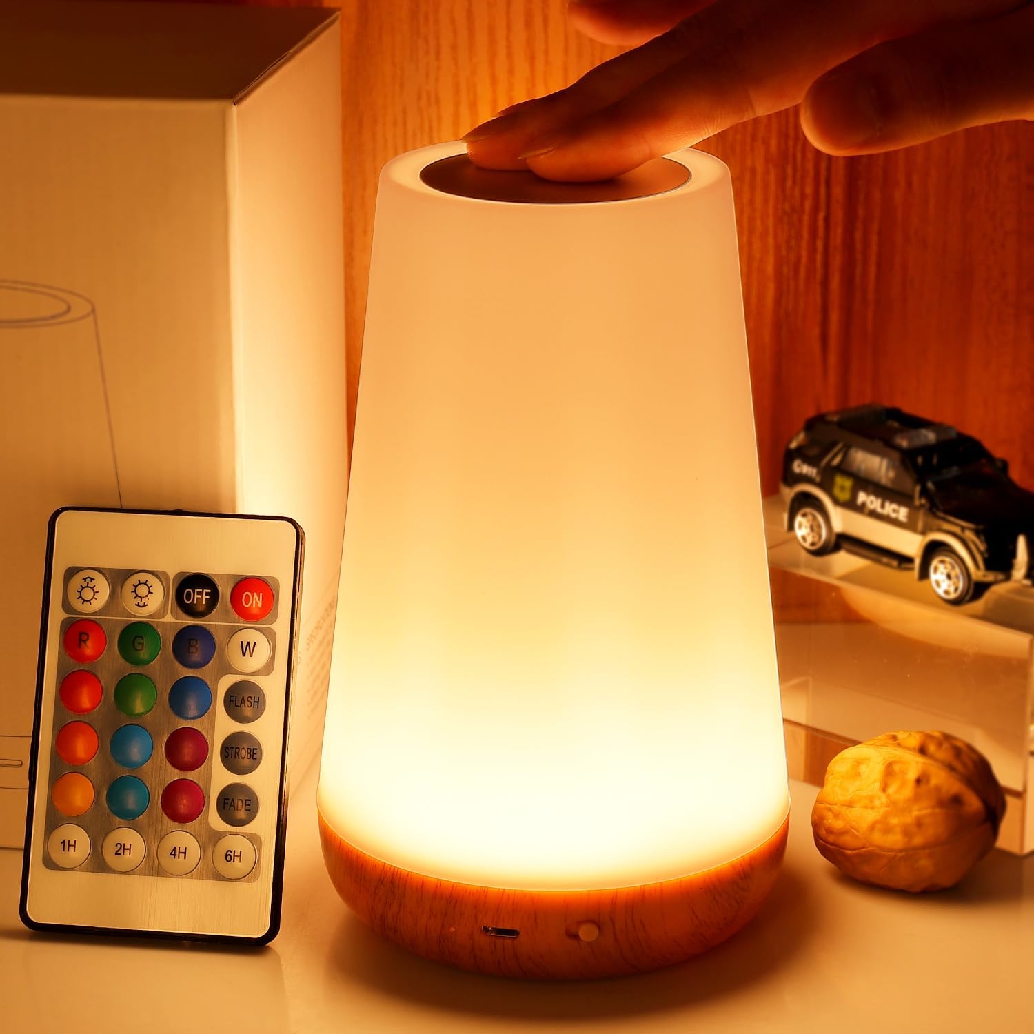 USB Rechargeable RGB Night Light, Touch and Remote Control, Dimmable Portable Bedside Lamp