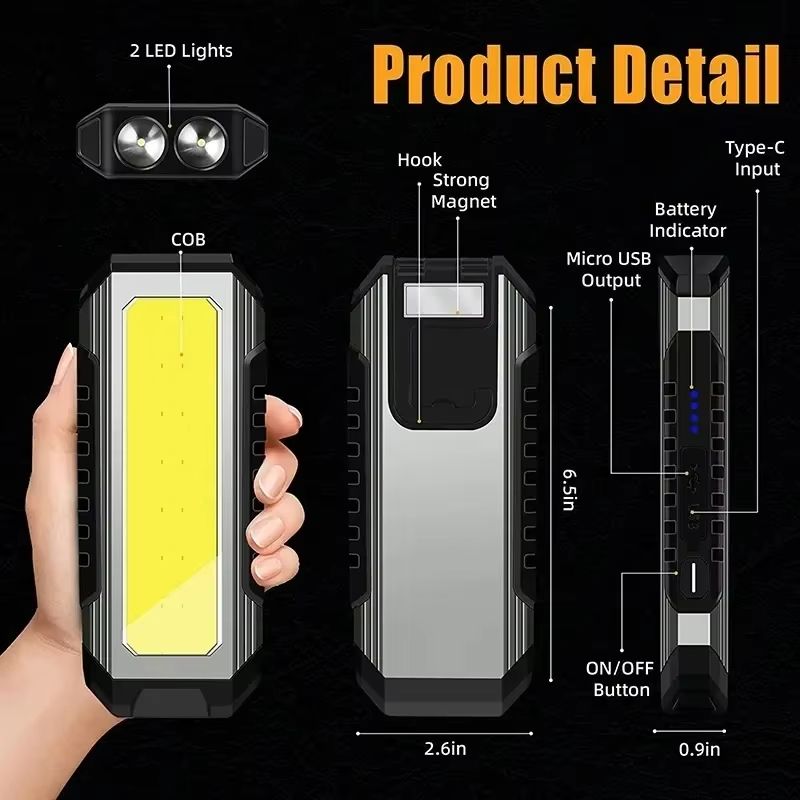 COB LED Work Light – USB Rechargeable Flashlight and Power Bank with Magnetic Base, Waterproof Portable Camping Lantern