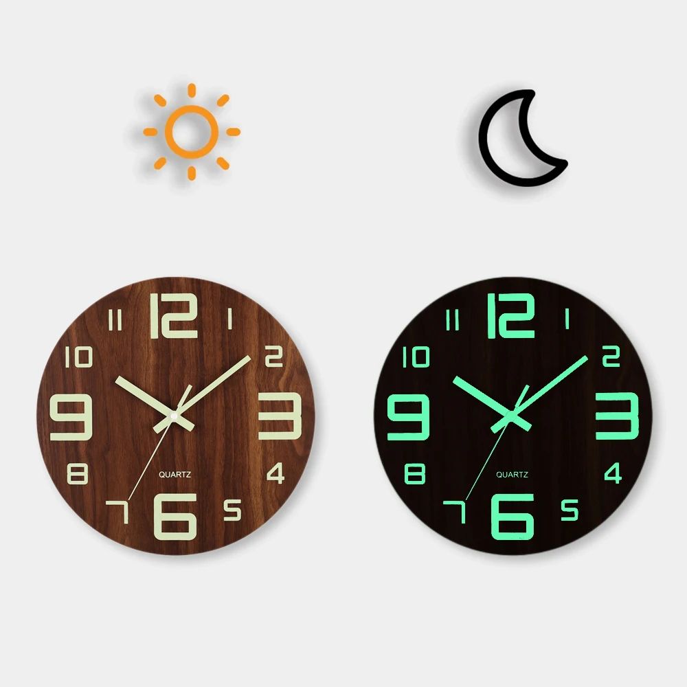 Nordic Silent Luminous Wooden Wall Clock with Night Glow Display