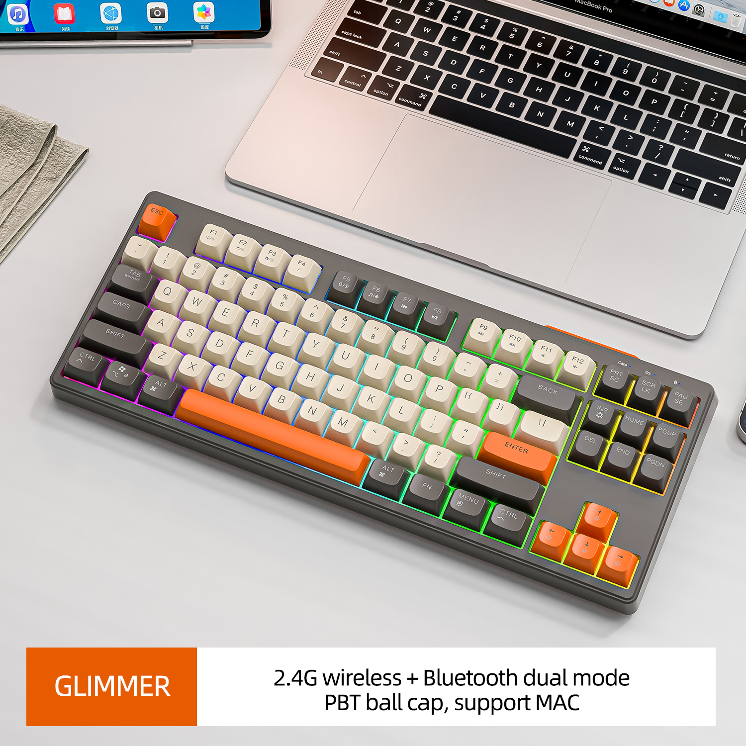 Wireless Keyboard Gaming, Dual Mode Bluetooth Keyboard with Rainbow Light RGB, PBT Ballcaps Silent Office Gaming